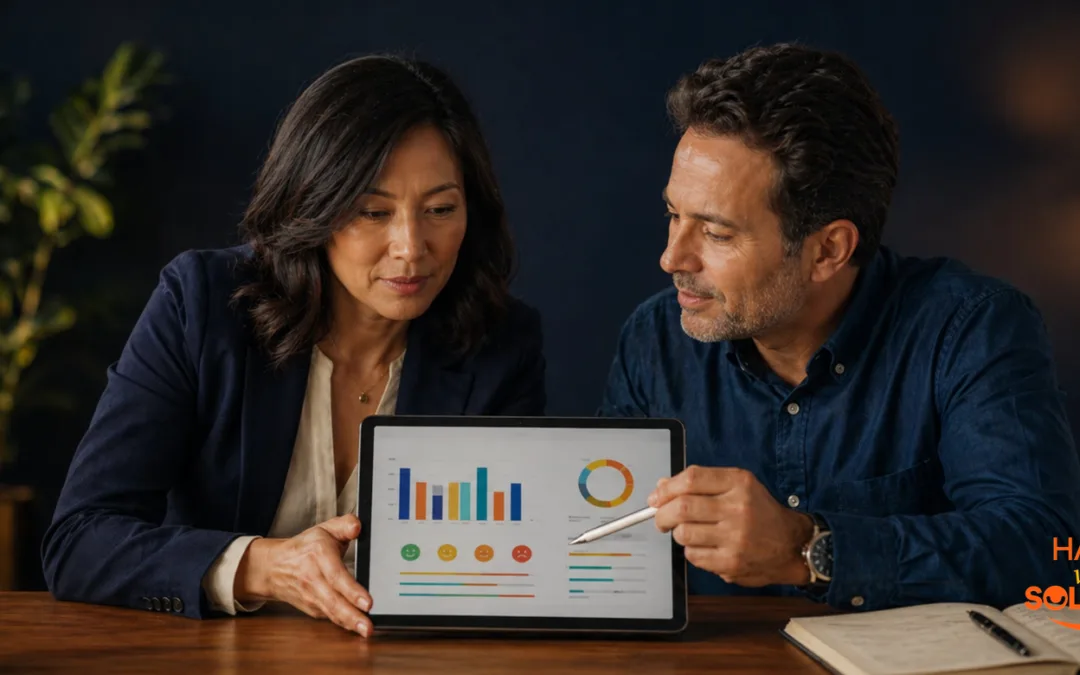 Coach et dirigeant analysant un tableau de bord de bien-être en entreprise