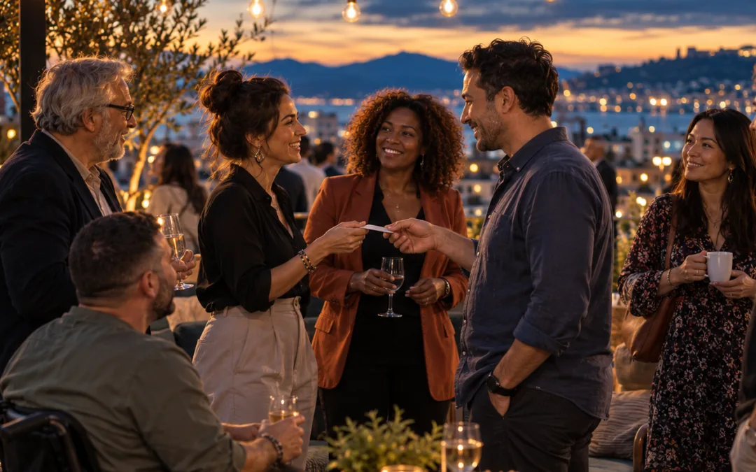 Groupe de coachs et entrepreneurs en soirée de réseautage